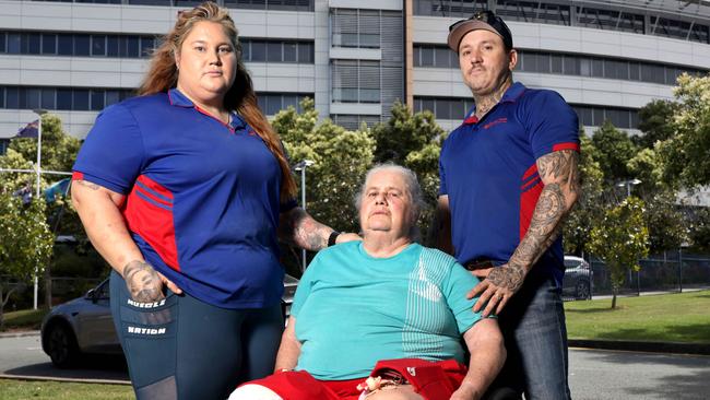 Nicole and Rob Blachut with mum Rosemary Blachut, PA Spinal Ward whistleblower, outside hospital at the main entrance, PA Hospital, Ipswich Rd, Woolloongabba - on Thursday 31st of October 2024 - Photo Steve Pohlner