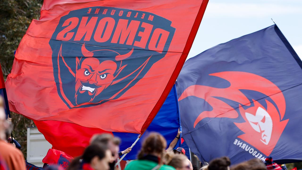 MELBOURNE, AUSTRALIA - OCTOBER 28: Demons flags are seen during the 2023 AFLW Round 09 match between The Melbourne Demons and The Fremantle Dockers at Casey Fields on October 28, 2023 in Melbourne, Australia. (Photo by Dylan Burns/AFL Photos via Getty Images)