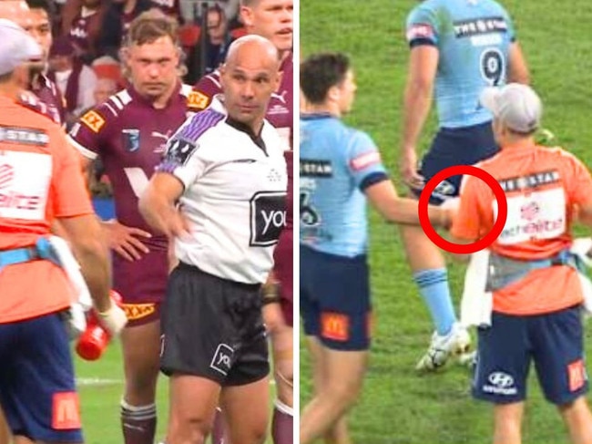 The NSW trainer was given a stern warning by Ashley Klein after the unsportsmanlike act. Image: Nine