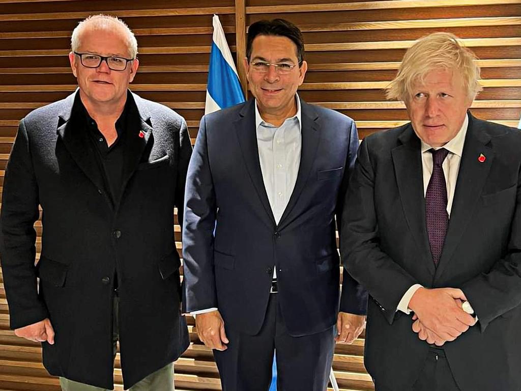 Scott Morrison in Israel with UN ambassador Danny Danon and former British PM Boris Johnson.