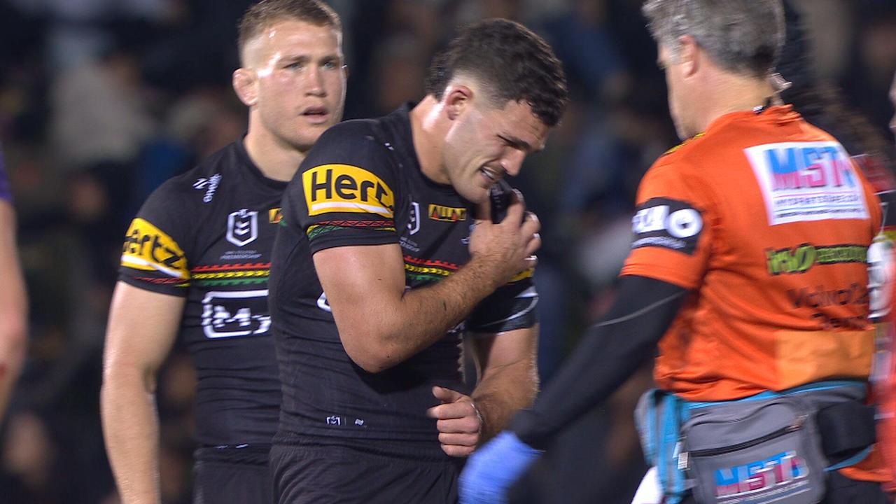 Nathan Cleary grimaces in pain.