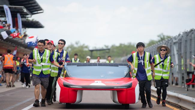 Hongkong VTC Solar Car getting ready for the lap of 2023 Bridgestone World Solar Challenge, Hidden Valley Raceway, Saturday, October 21, 2023. Picture: Pema Tamang Pakhrin.