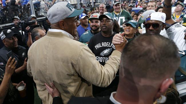 Australian rugby league player Jordan Mailata shakes hands with fans after he was selected by the Philadelphia Eagles in the seventh round of the NFL draft. Picture: AP.