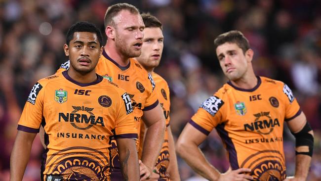 Broncos players look on during the Round 10 match against Manly. Photo: AAP.