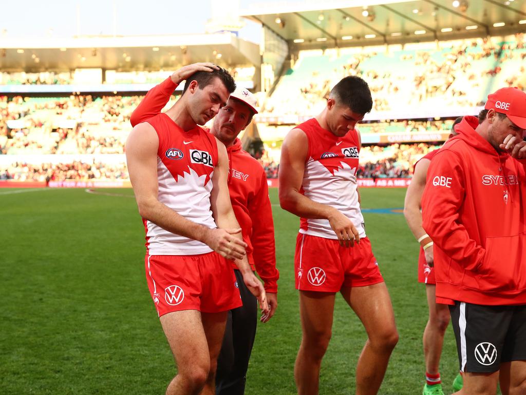 Dejected Sydney's Logan McDonald leaves the field after the Swans’ one point loss to Fremantle. Picture: Brett Costello