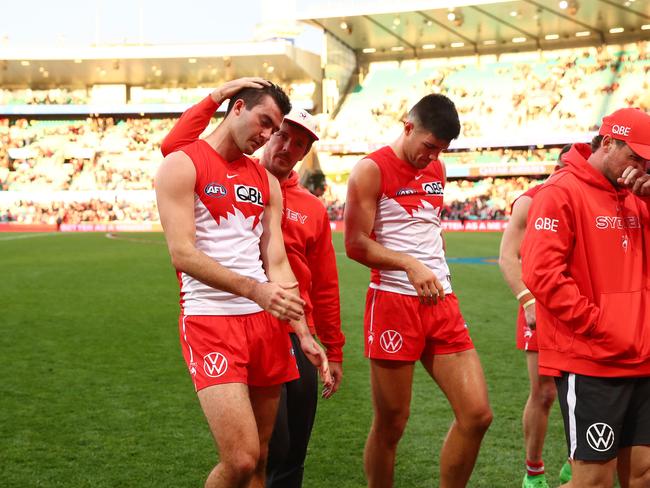 Dejected Sydney's Logan McDonald leaves the field after the Swans’ one point loss to Fremantle. Picture: Brett Costello