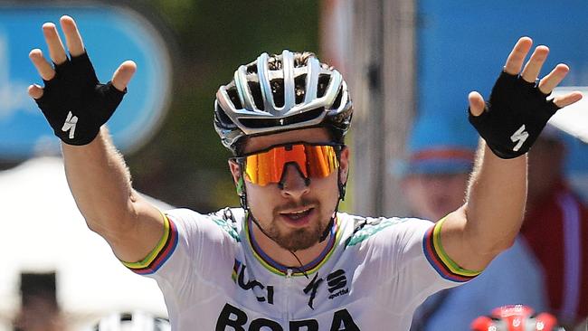 ADELAIDE, AUSTRALIA - JANUARY 19: Peter Sagan of Slovakia and Bora-Hansgrohe celebrates after crossing the finish line to win stage four of the 2018 Tour Down Under on January 19, 2018 in Adelaide, Australia.  (Photo by Daniel Kalisz/Getty Images)