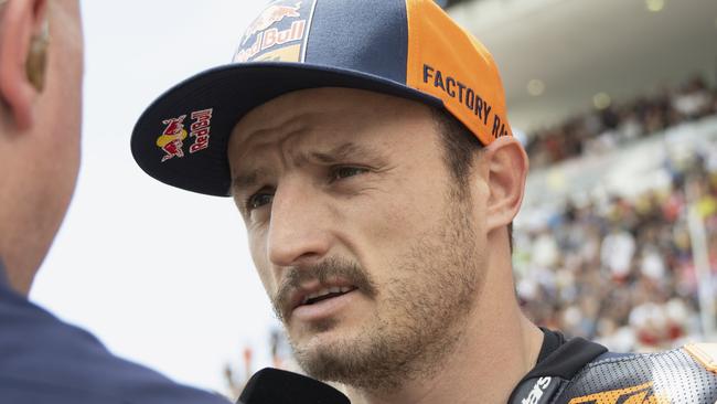 SCARPERIA, ITALY - JUNE 02: Jack Miller of Australia and Bull KTM Factory Racing speaks with journalist and prepares to start on the grid during the MotoGP race during the MotoGP Of Italy - Race at Mugello Circuit on June 02, 2024 in Scarperia, Italy. (Photo by Mirco Lazzari gp/Getty Images)