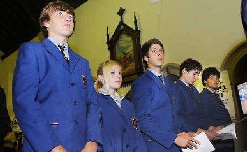 Liam Giles (left), Kodie Saywell, Craig Pirlo, Matthew Toohey and Joshua Dardengo from Trinity Catholic College during a ceremony at St Carthage’s Cathedral. Picture: Jacklyn Wagner