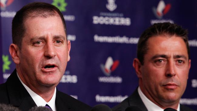 Steve Rosich (right) announces incoming coach Ross Lyon at Fremantle in 2011.