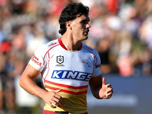 SUNSHINE COAST, AUSTRALIA - FEBRUARY 18: Herbie Farnworth of the Dolphins runs during the warm up before the NRL Pre-season challenge match between the Dolphins and Gold Coast Titans at Sunshine Coast Stadium on February 18, 2024 in Sunshine Coast, Australia. (Photo by Bradley Kanaris/Getty Images)