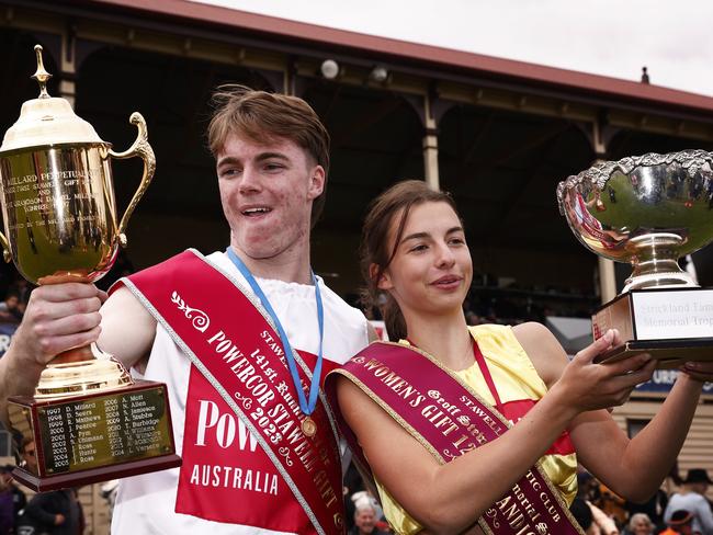 Ryan Tarrant and Bella Pasqualwere both under 19 when they won their respective Stawell Gifts in 2023. Picture: Getty Images