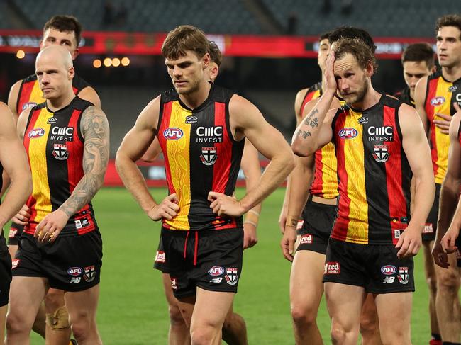 MELBOURNE, AUSTRALIA - MAY 18: The Saints walk off after they were defeated by the Dockers during the round 10 AFL match between Euro-Yroke (the St Kilda Saints) and Walyalup (the Fremantle Dockers) at Marvel Stadium, on May 18, 2024, in Melbourne, Australia. (Photo by Robert Cianflone/Getty Images)