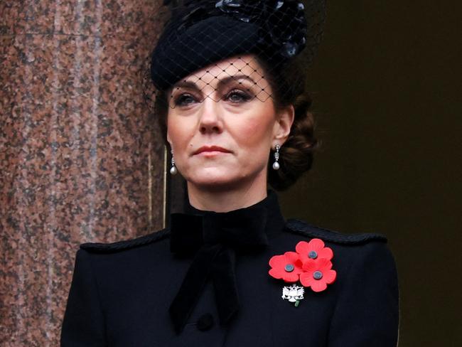 LONDON, ENGLAND - NOVEMBER 10: Britain's Catherine, Princess of Wales, and Britain's Sophie, Duchess of Edinburgh, (R) look on from a balcony as they attend the annual Remembrance Sunday ceremony at the Cenotaph on Whitehall on November 10, 2024 in London, England.  Each year members of the British Royal Family join politicians, veterans and members of the public to remember those who have died in combat. (Photo by Toby Melville - WPA Pool/Getty Images)