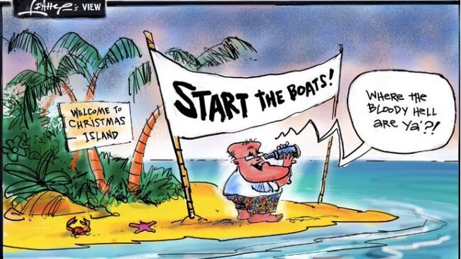 Sean Leahy’s cartoon of Scott Morrison on the lookout for boats from Christmas Island. Picture: News Corp Australia