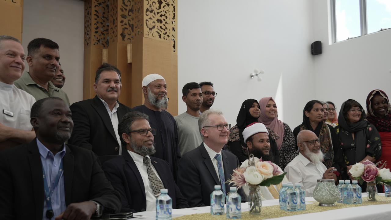 Home Affairs Minister Tony Burke (centre) visits the Garden City Mosque in Toowoomba on March 4, 2025, as the city's Islamic community approaches the 10th anniversary of an infamous arson attack.