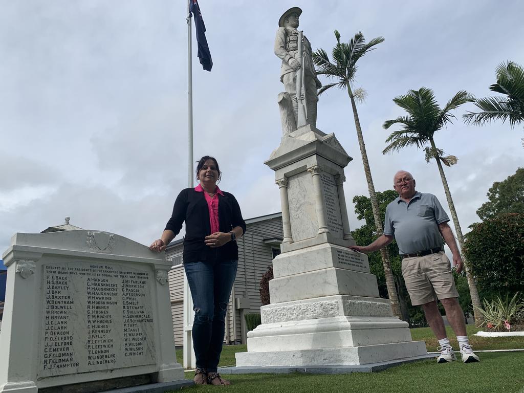 (L) President of Granville State School P and C Natasha Beardsmore and Granville State School Teacher Ross Sharpe at the World War One memorial at the school. Photo: Stuart Fast