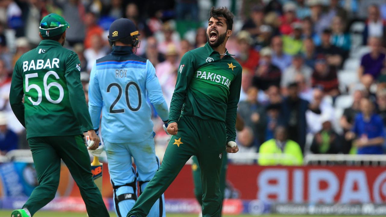 Shadab Khan dismissed Jason Roy in the third over. Photo: Lindsey Parnaby/AFP.