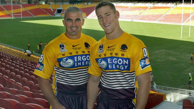 Andrew Gee and Brent Tate in the 2003 jersey.