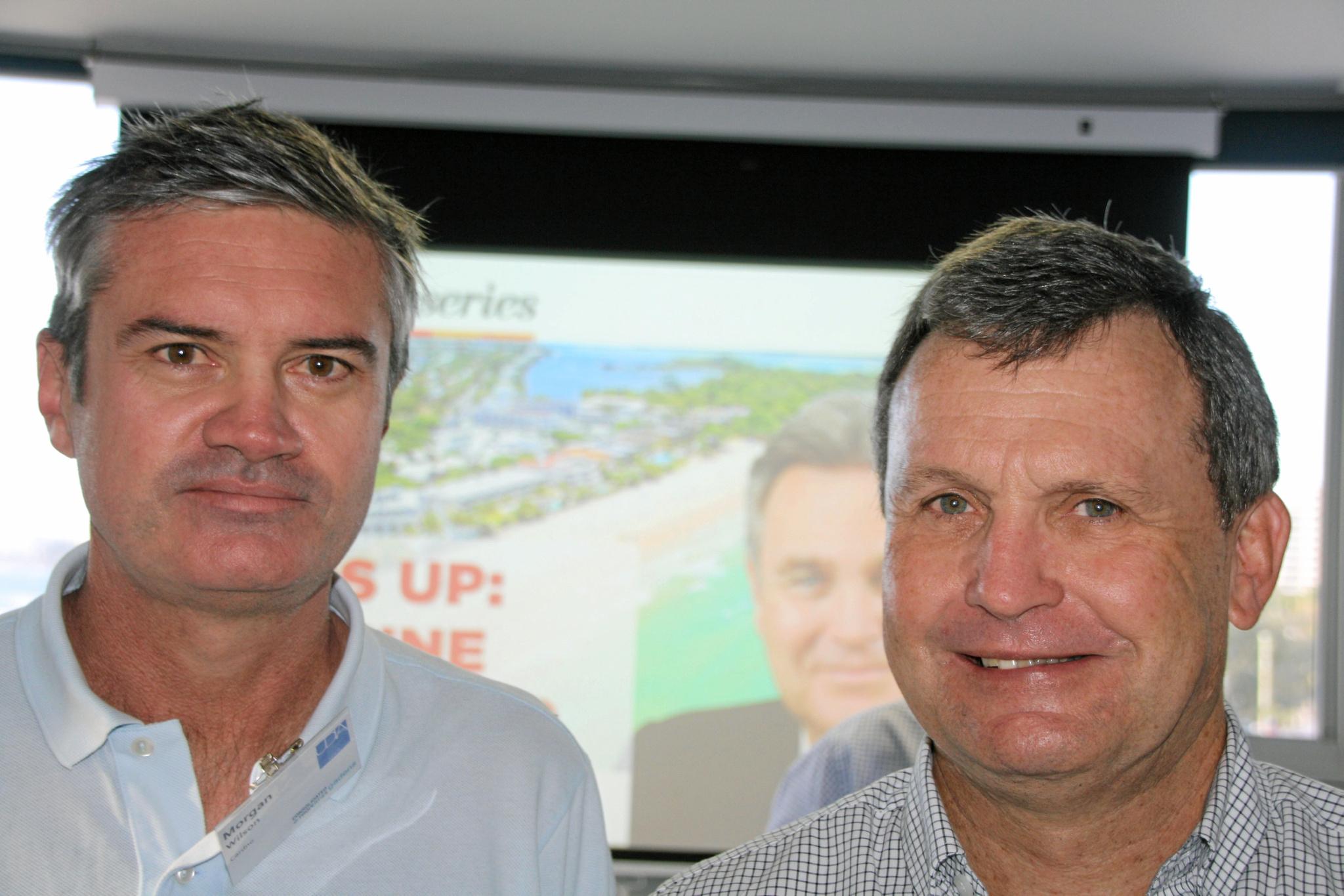 Morgan Wilson and Tony Howard of Cardno at the Urban Development Institute of Australia (Qld) breakfast at Maroochydore Surf Club last Friday. Picture: Erle Levey