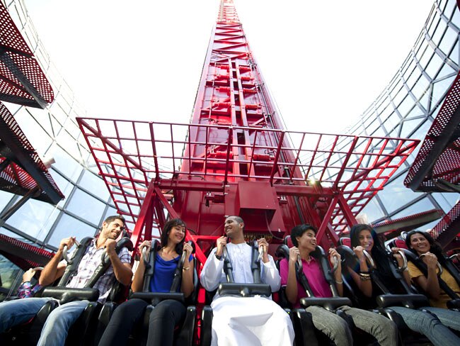 <p>The G-Force is a tower of speed with custom Ferrari-style seats to sit on while you're launched 62 metres into the sky. Picture: Ferrari World</p>