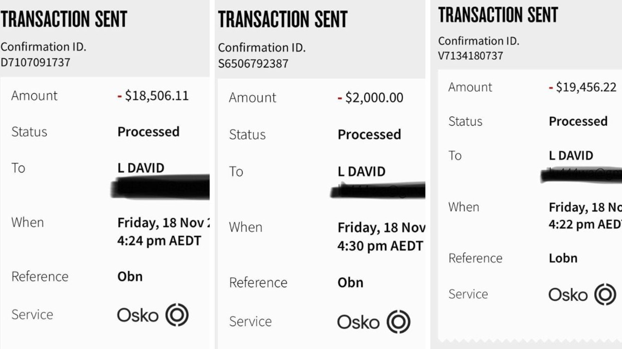 Stephanie was instructed to send the amounts in three different transactions while on the phone. Picture: Supplied