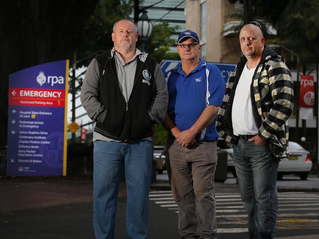 Security Officers Ron Pike and Glen Dansie with HSU Organiser Peter Mason at Royal Prince Alfred Hospital in Camperdown. Picture: Daniel Aarons