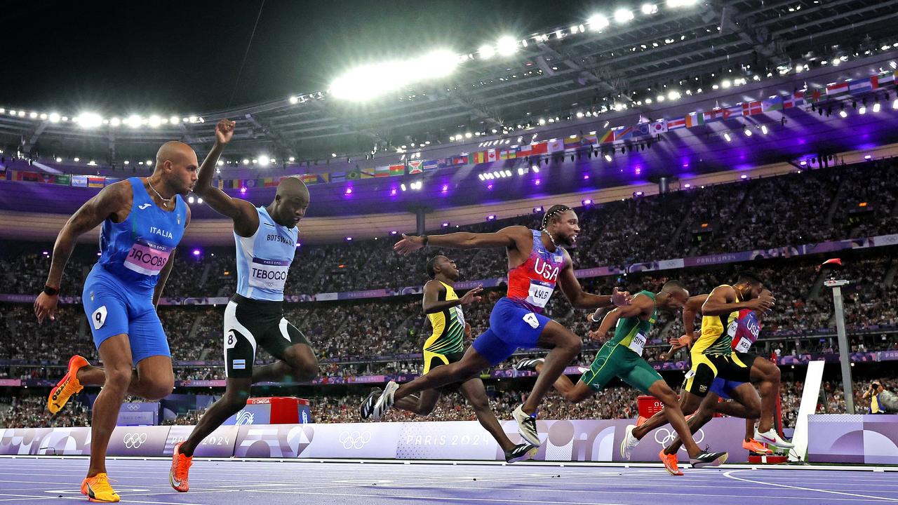 Noah Lyles of Team USA crosses the finish line, winning the gold medal in the men’s 100m final. Picture: Cameron Spencer/Getty Images