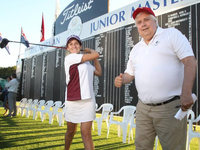 The Greg Norman Junior Masters will be held at Palmer Colonial Golf Course this weekend. Photo of competitor representing Palmer Colonial Anna Stanton with Clive Palmer.