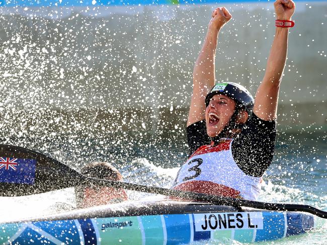New Zealander Luuka Jones celebrates winning the silver medal in the Rio Olympic 2016 Women's Canoe Slalom At Whitewater Stadium. Picture: Adam Head