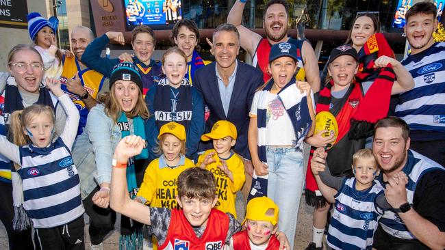 ADELAIDE, AUSTRALIA - Advertiser Photos APRIL 16, 2023:  South Australian Premier Peter Malinauskas with AFL football fans outside Adelaide Oval after the announcement of Gather Round for another 3 yrs, 2026 in SA. Picture: Emma Brasier