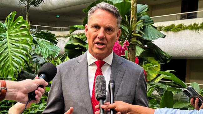 Defence Minister Richard Marles talks to the media during the 22nd Shangri-La Dialogue summit in Singapore on Sunday. Picture: AP