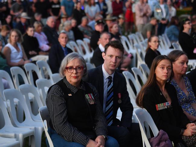 Anzac Day 2025. Dawn service Anzac Park Townsville. Robin White and son Jackson Bird. Picture: Evan Morgan