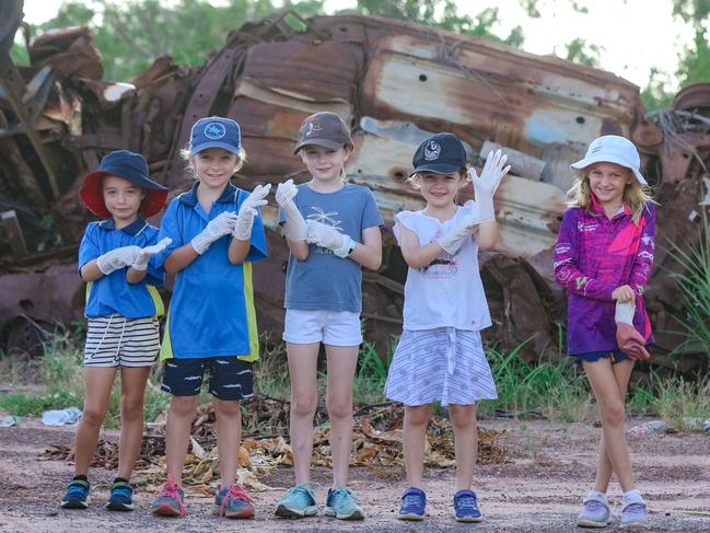 Scout and Edie Gardner, Charli and Evi Kessner and Kora Riordan joined Darwin Off Road Cyclists as they hosted a Clean Up Australia day event to clean up off road tracks at Lee Point. Picture: Glenn Campbell