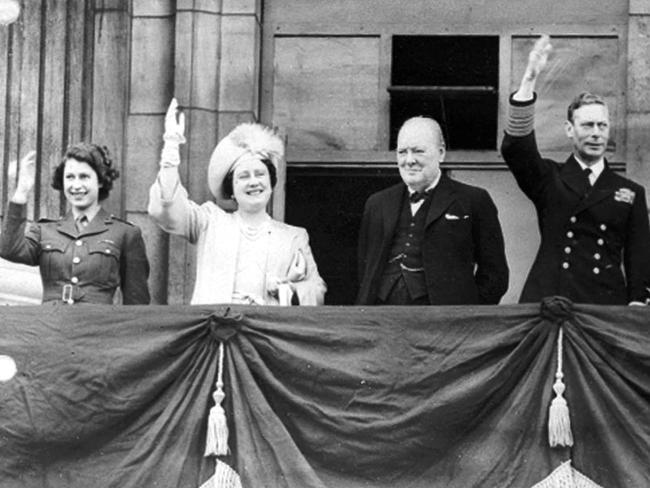 The royals with Britain's PM Winston Churchill on VE Day in May 1945. Picture: AP