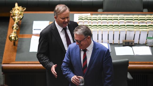 Opposition Leader Anthony Albanese, left, speaks to agriculture spokesman Joel Fitzgibbon in the lower house on Wednesday. Picture: AAP