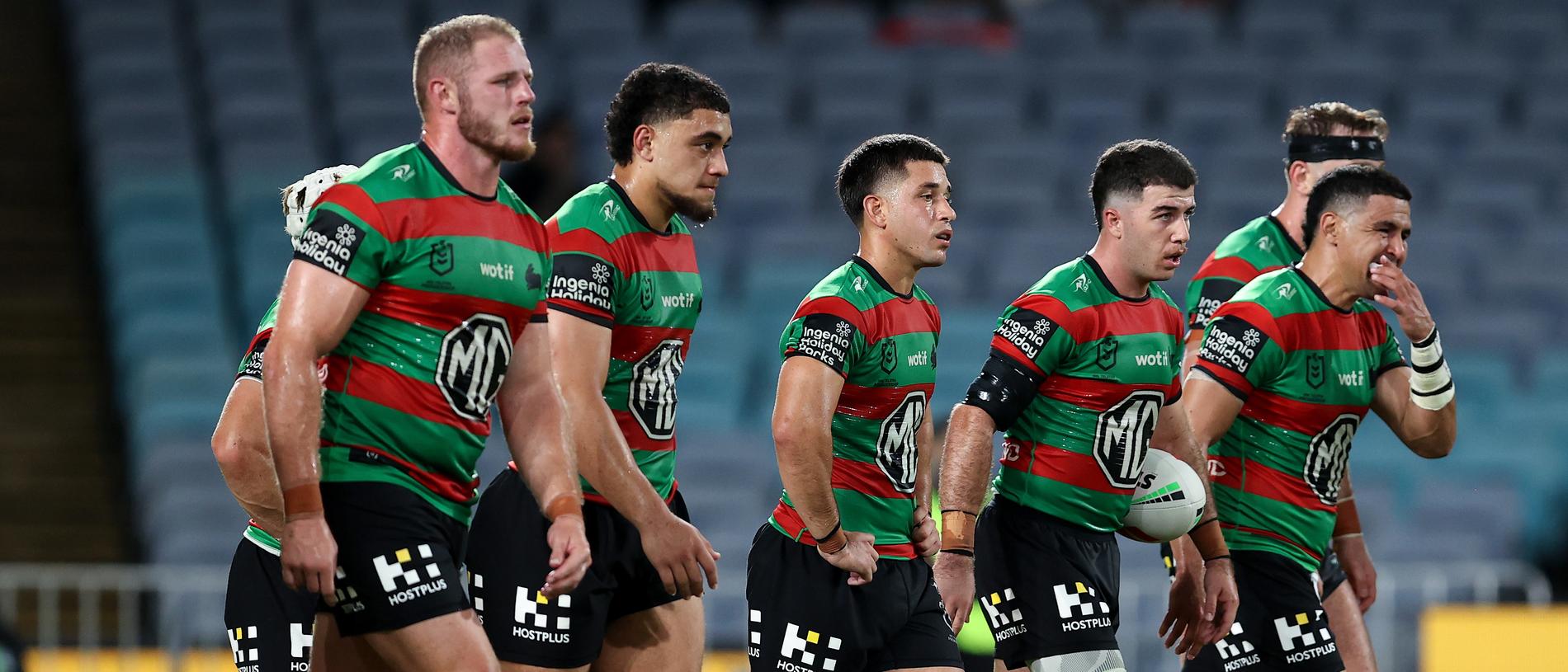SYDNEY, AUSTRALIA - APRIL 13: Rabbitohs players react after conceding a try during the round six NRL match between South Sydney Rabbitohs and Cronulla Sharks at Accor Stadium, on April 13, 2024, in Sydney, Australia. (Photo by Brendon Thorne/Getty Images)