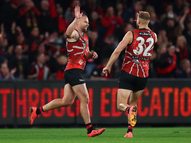 Jake Stringer of the Bombers celebrates kicking a goal against the Roos. Picture: Quinn Rooney/Getty Images.