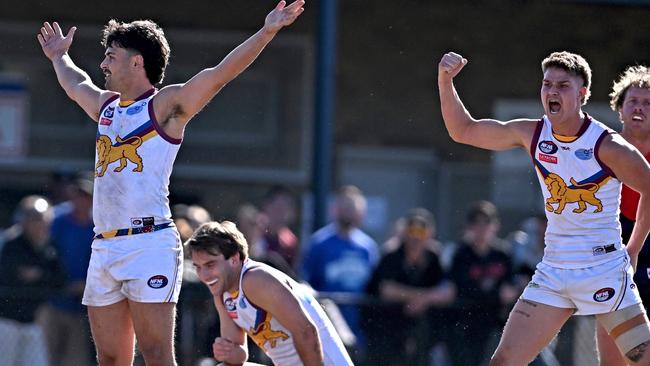 South MorangÃs Joshua DÃIntinosante, left celebrates a goal during the NFNL Diamond Creek v South Morang football match in Epping, Saturday, Aug. 24, 2024. Picture: Andy Brownbill