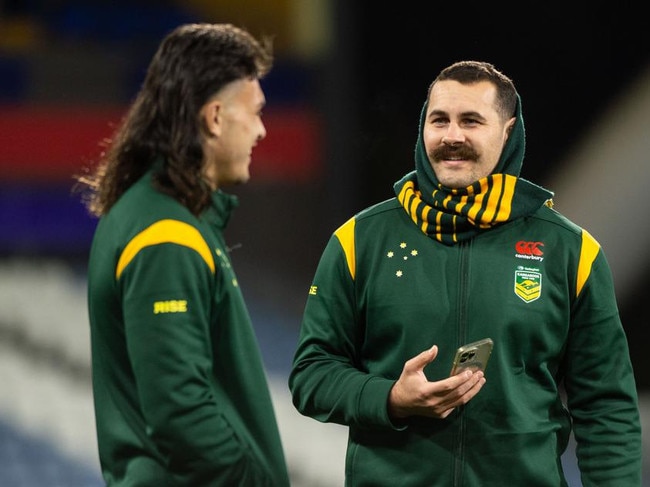 Campbell-Gillard in Kangaroos camp with likely future Titans teammate Tino Fa’asuamaleaui. Picture: NRL Imagery