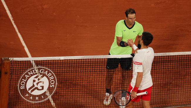 Novak Djokovic and Rafael Nadal shake hands after their epic at Roland Garros. Picture: Adam Pretty/Getty Images