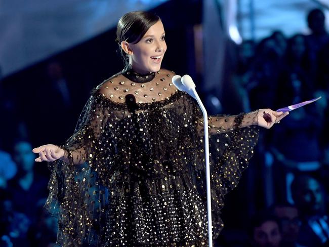 Millie Bobby Brown speaks onstage during the 2017 MTV Video Music Awards at The Forum on August 27, 2017 in Inglewood, California. Picture: Getty