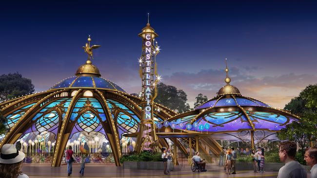 Constellation Carousel is the grand centrepiece of Celestial Park, going forward and backward, even making 360 degree rotations through the Milky Way. Photo: Universal Epic Universe