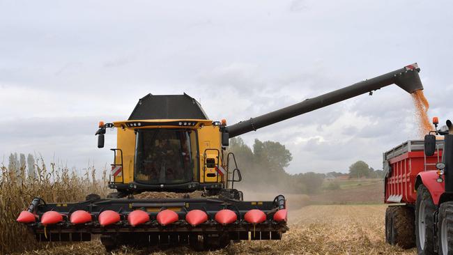 A farmer harvests corn grain with a combine grain corn harvester equipped with corn headers. Picture: Jean-Francois Monier/AFP