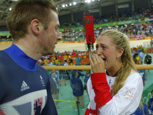 Trott reacts to Kenny winning as well moments after he took gold in the Men's Keirin final. Picture: AFP/Odd ANDERSEN