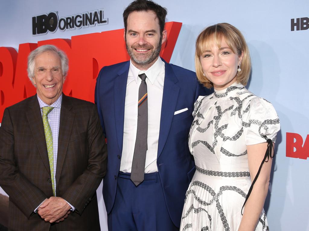 Henry Winkler, Bill Hader and Sarah Goldberg attend the Season 3 premiere of Barry in California. Picture: Jesse Grant/Getty Images