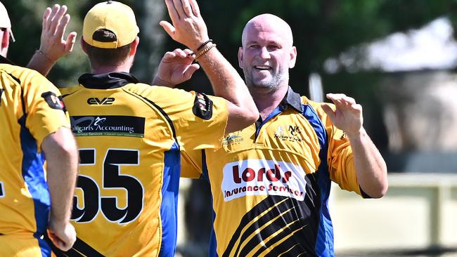 Linden March of the Norths celebrates taking a wicket during Saturdays match against Norths at Griffiths Park in Manunda. Picture Emily Barker.