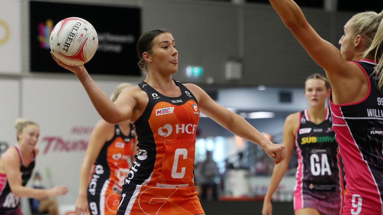 Amy Sligar of the Giants during the round two Super Netball match between Adelaide Thunderbirds and GWS Giants at netball SA Stadium, on April 03, 2022, in Adelaide, Australia. (Photo by Sarah Reed/Getty Images)