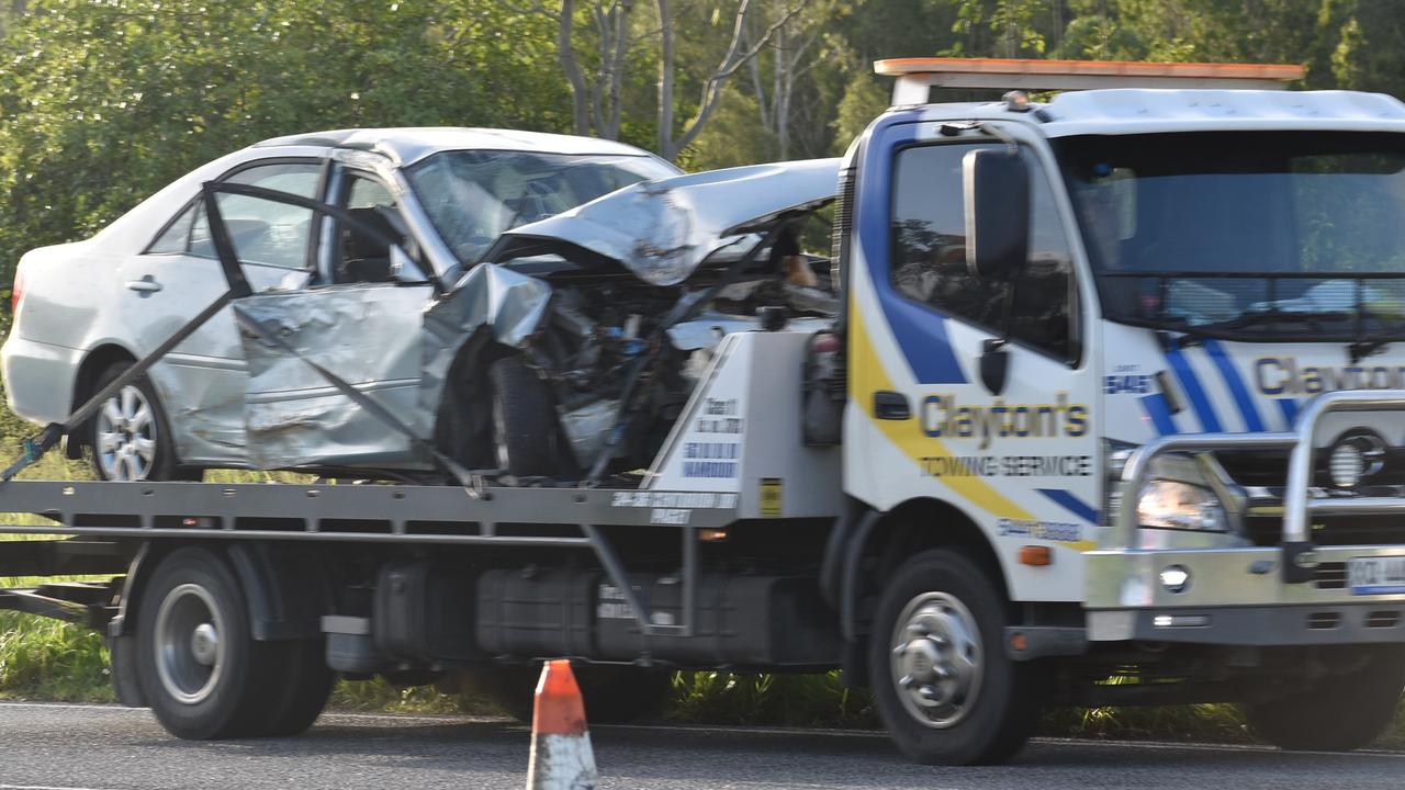 A badly damaged Toyota Camry sedan that rolled down an embankment off Mackay-Eungella Rd near Gargett on Tuesday, February 8, 2022. The car was found about 3.15pm and a man was flown to Mackay Base Hospital. Picture: Madeleine Graham