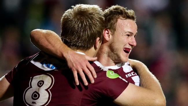 Manly's Jake Trbojevic celebrates with Daly Cherry-Evans after scoring his second try against South Sydney Rabbitohs at Brookvale Oval. Cherry-Evans comes in at $385,700 and Trbojevic $310,700. Picture Gregg Porteous